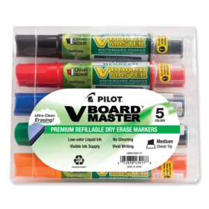 Pilot BeGreen V Board Master Dry Erase Marker, Medium Chisel Tip, Assorted Colors, 5/Pack