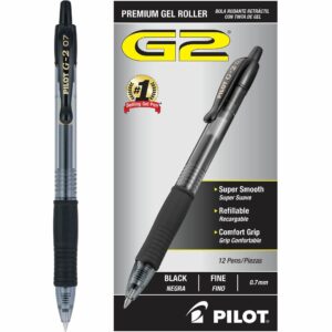 Pilot G2 Premium Gel Pen, Retractable, Fine 0.7 mm, Black Ink, Smoke/Black Barrel, Dozen